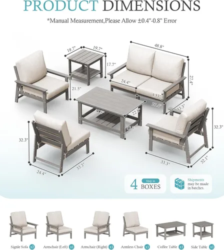 Vista 5 de Ciokea Juego modular de conversación al aire libre, 7 muebles de patio Marco gris/cojín beige