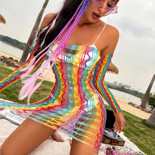 Vista 3 de Sexy vestido de red de arco iris para mujer, traje de baño elástico para mujer, body de malla transparente, ropa de dormir