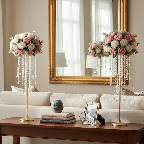Vista 5 de Centros de mesa de boda dorados de 29.5 pulgadas para mesa, 2 jarrones altos, centros de mesa de boda con cuentas de cristal brillantes, soporte