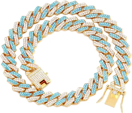Vista 18 de Collar de cadena dorada para perro, collar cubano de diamantes para caminar, collar de cadena de metal con diseño de hebilla segura, collares