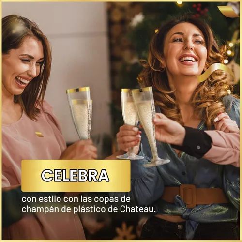 Vista 6 de 36 copas de champán de plástico, vasos de plástico de 6.5 onzas, borde dorado y purpurina dorada, decoración de brunch, flautas de plástico