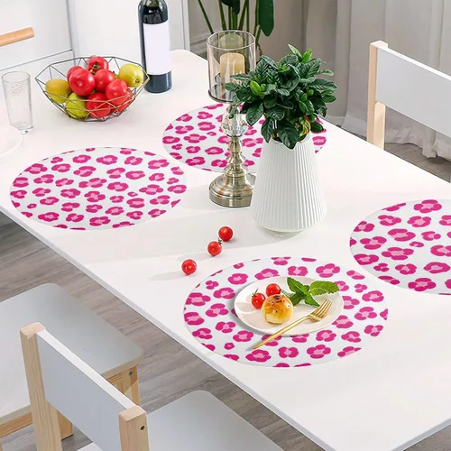 Vista 5 de Cute Pink Leopard White Round Place Mats, Heat Resistant Non Slip PVC Placemats Round for Kitchen one sizex4