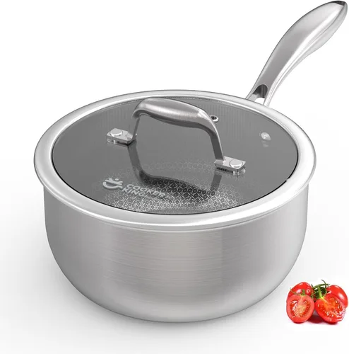 Vista 9 de COOKER KING Cacerola de acero inoxidable de 1.5 cuartos de galón, sartén antiadherente, olla de cerámica con tapa de vidrio templado, olla
