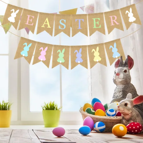 Vista 6 de Doumeny Guirnalda colorida de arpillera de Pascua, 2 unidades, diseño de conejo, pancarta de fiesta de Pascua para chimenea, suministros de fiesta
