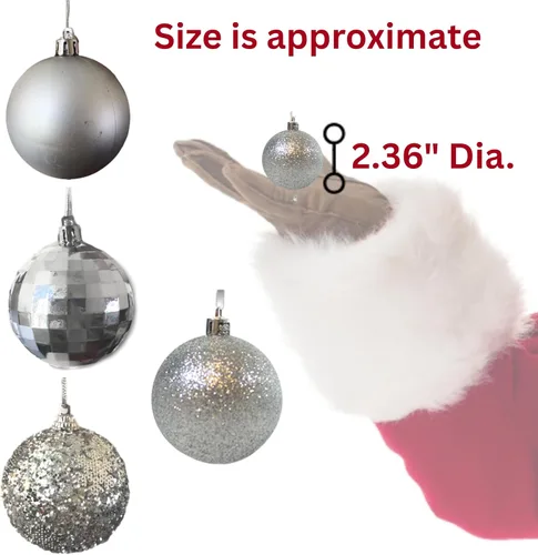 Vista 4 de Adornos de bola de Navidad – 32 adornos plateados – Decoración navideña inastillable – Bolas colgantes – Cuatro acabados – Brillante, Brillante