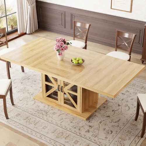 Vista 5 de LVB Mesa de comedor para 4-6, moderna mesa de comedor de madera, mesa de cocina rectangular de granja con espacio de almacenamiento y refrigerador