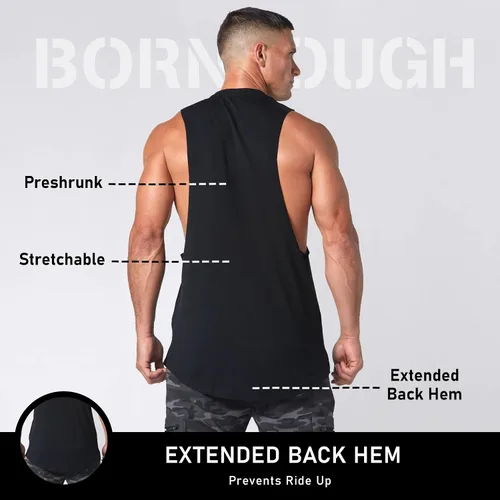 Vista 3 de Born Tough Camiseta sin mangas de entrenamiento de gran tamaño para hombre y corte atlético, para gimnasio, para entrenamiento, culturismo y correr