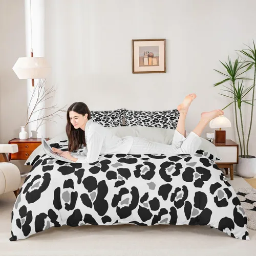 Vista 25 de Juego de funda de edredón con estampado de leopardo abstracto, tamaño individual, juegos de ropa de cama de piel de guepardo negro y gris