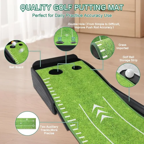 Vista 3 de Losbenco Putting Green - Juego de golf para interiores con putter y 6 bolas, tapete de práctica de golf portátil con sistema de retorno automático