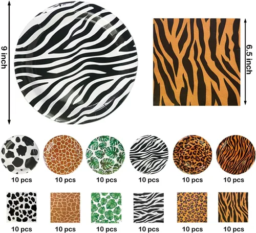 Vista 2 de 120 platos y servilletas de safari para fiestas, decoraciones desechables para fiestas de selva, platos de papel con estampado de animales de safari