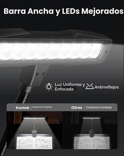 Vista 2 de Kootek Luz portátil de clip para atril, lámpara orquesta con 10 luces LED, cuello ajustable, luz de lectura recargable, luces USB para leer