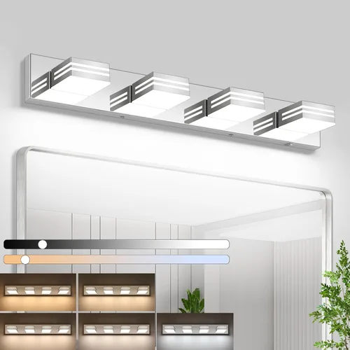 Vista 19 de Moderna lámpara LED para tocador de baño (3 luces, 24 pulgadas) (5CCT, regulable), negro mate moderno para pared de baño