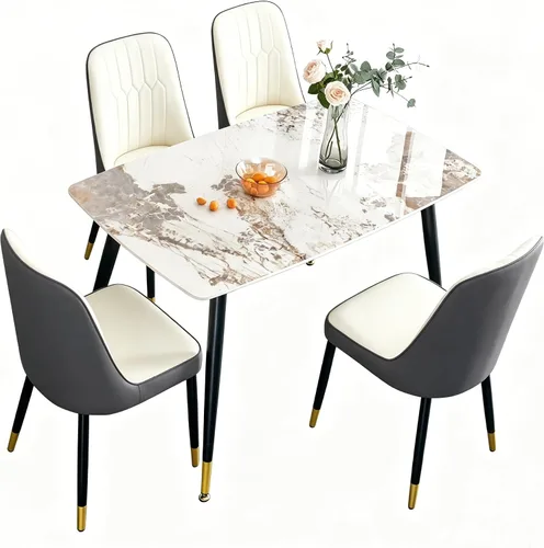 Vista 10 de Juego de 5 mesas de comedor modernas de piedra sinterizada de 50 pulgadas, mesa de cocina rectangular de mármol sintético con 4 sillas de piel