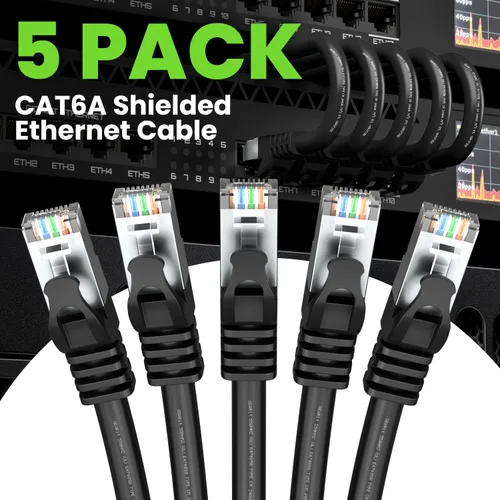 Vista 2 de GEARit Cable Ethernet Cat6A (1 pie, paquete de 5, negro) SSTP blindado sin enganches de 10 Gbps, cable Ethernet blindado SFTP, 26AWG 4 pares