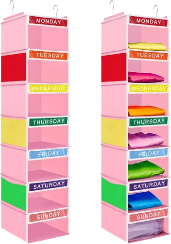 Vista 9 de Amylove Organizador semanal de ropa para niños, 2 piezas, con 7 estantes, organizador colgante de armario de 11.8 x 11.8 x 50 pulgadas, actividades