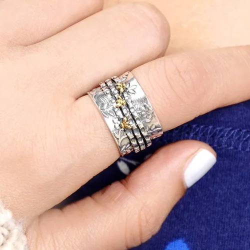 Vista 3 de Boho-Magic Anillo giratorio de abeja para mujer, plata de ley 925 y latón con flores