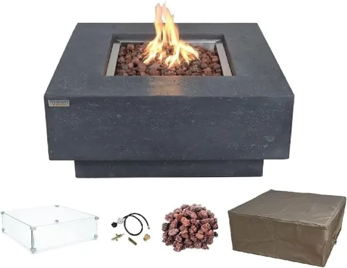 Vista 15 de Elementi Manhattan - Juego de mesa de fuego de gas de hormigón, encendido electrónico para exteriores, cubierta de lona, roca de lava incluida claro