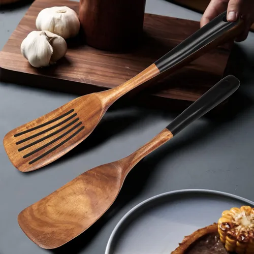 Vista 8 de 2 piezas de juego de espátulas de madera para cocinar Utensilios de cocina de teca no tóxicos sin BPA, espátula ranurada para panqueques, espátula 2