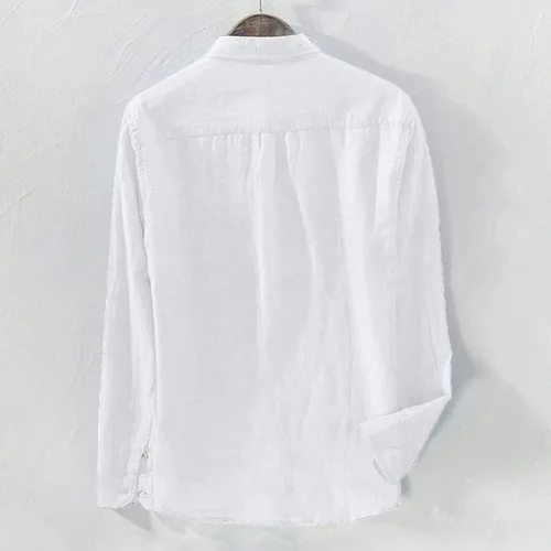 Vista 3 de Camisas de lino de manga larga para hombre, camisa casual sin cuello, cuello alto, camiseta de verano, camisas de manga larga, casuales, M-3XL