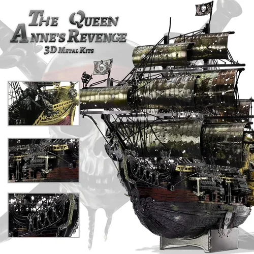 Vista 4 de Piececool - Rompecabezas de metal 3D para adultos, kits de construcción de modelos de barco pirata de La Reina Ana la Venganza, kit de construcción
