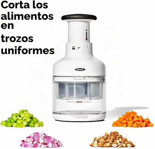 Vista 2 de OXO Good Grips - Picadora de verduras Dices cebollas, pimientos y más, agarre antideslizante suave, hoja de fácil prensa, contenedor atrapa
