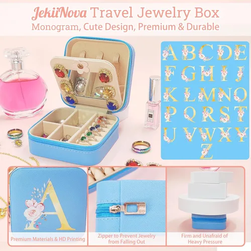 Vista 4 de Joyero de viaje organizador con espejo, artículos esenciales de viaje, joyero, organizador de joyas, regalos para mujeres, hermana, amiga, dama