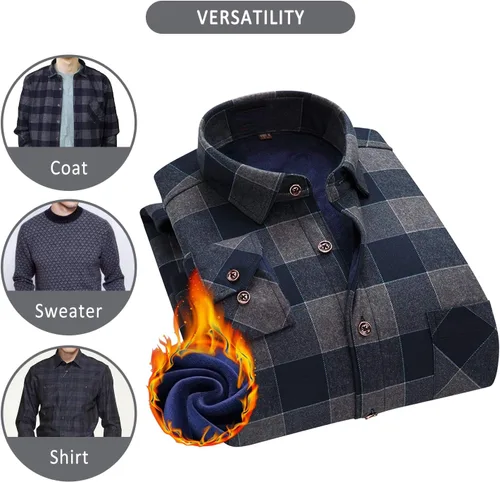 Vista 4 de Camisas de manga larga para hombre, térmicas acolchadas para el trabajo, camisas cálidas con forro acolchado de franela pesado a cuadros