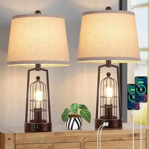 Vista 8 de Lámparas de mesa de granja con 2 puertos USB, juego de 2 lámparas de escritorio industriales rústicas para sala de estar, lámpara de noche negra