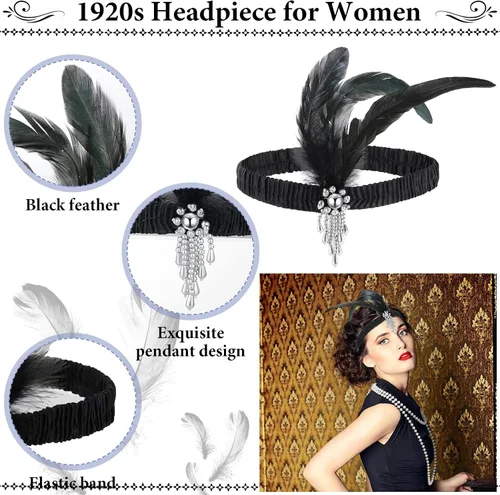 Vista 4 de Redbaker Juego de 36 piezas de accesorios de los años 20 para mujer, diadema de plumas y diadema de moda, collar de perlas largas de imitación