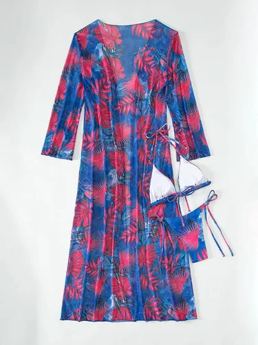 Vista 3 de WDIRARA Conjunto de 3 piezas para mujer, traje de baño de bikini con estampado halter y kimono largo