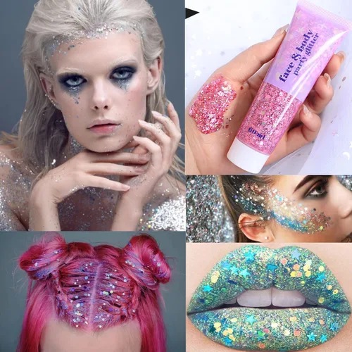 Vista 6 de Brillantina gruesa y fina mezclada con gel para cantantes, conciertos, rave, fiesta, maquillaje, secado rápido y de larga duración, lentejuelas