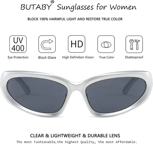 Vista 4 de BUTABY Gafas de sol envolventes de moda para mujeres y hombres ovaladas futuristas oscuras para deportes al aire libre protección UV400