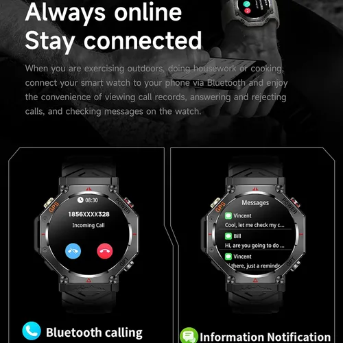 Vista 5 de Loluka Reloj inteligente GPS Tracker resistente al aire libre Smartwatch con brújula/linterna LED/presión de aire/altitud/respuesta/hacer llamada