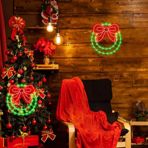 Vista 5 de CESOF Guirnalda de luces de ventana de Navidad, corona de Navidad iluminada de 14 pulgadas con lazo, temporizador de control remoto alimentado por