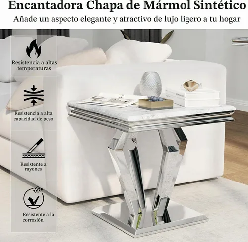 Vista 4 de ACEDÉCOR Mesa auxiliar cuadrada de 22 pulgadas, mesa auxiliar plateada con elegante parte superior de mármol sintético y base en forma de diamante