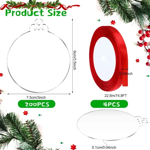 Vista 2 de Blulu 200 Piezas Adornos de Acrílico Transparente de Navidad con 4 Rollos de Cinta Roja DIY Blancos Círculo Acrílico Redondo Ornamento