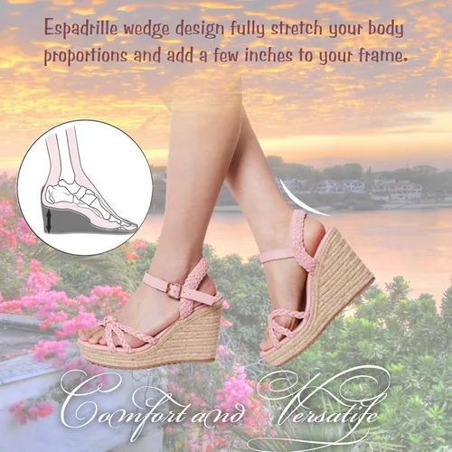Vista 4 de mikarka Alpargatas de punta abierta para mujer, sandalias de cuña elegantes con correa de tobillo y nudo trenzado
