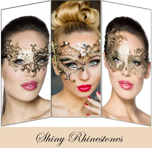 Vista 6 de Máscara de mascarada para parejas y mujeres, máscara de metal con diamantes de imitación veneciana bonita para fiesta, noche, baile de graduación