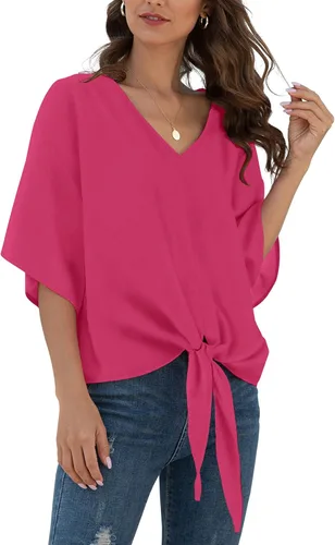 Vista 43 de VIISHOW Womens Tie Front Chiffon Blouses V Neck Batwing Short Sleeve Summer Tops Shirts Albaricoque