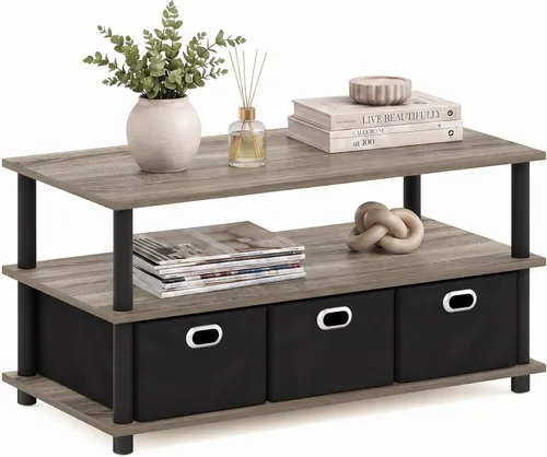 Vista 14 de Furinno Andrey - Mesa de centro con cajón de contenedor, pino ámbar/negro, pequeña parte superior sin elevación Ámbar Pino/Negro