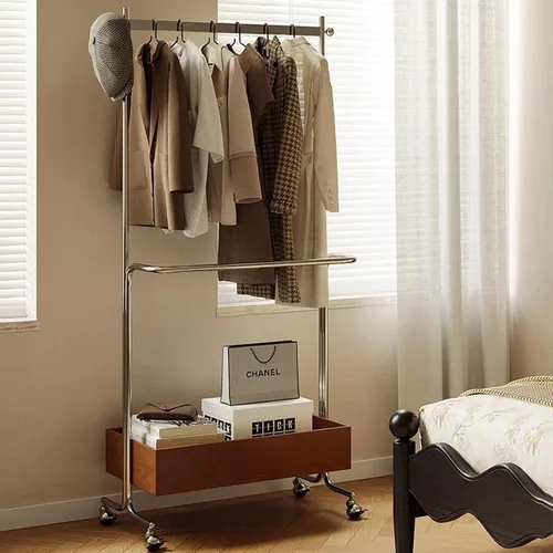 Vista 8 de Perchero de metal con ruedas, con estante de almacenamiento de madera, estantes de ropa rodantes para colgar ropa, perchero para dormitorio, Negro