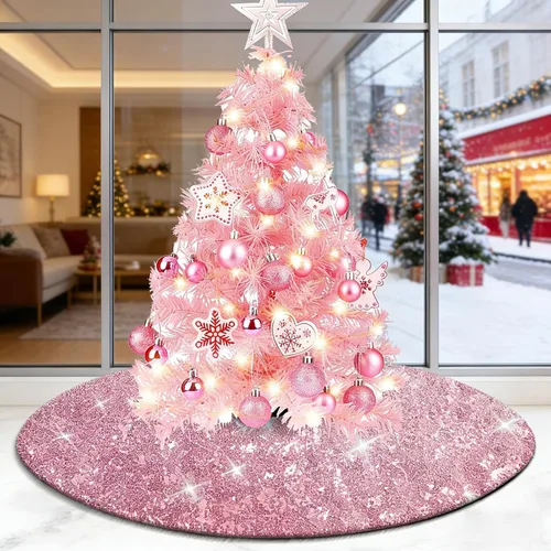 Vista 5 de yuboo Falda de árbol de Navidad rosa, 30 pulgadas, con lentejuelas pequeñas con purpurina rosa, adornos de árbol de San Valentín para lápiz, árbol