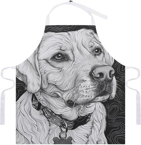 Vista 7 de MUSM Apron for Adults - 27.6 X 31.5 Inch, Heavy-Duty Polyester Aprons with Two Large Pockets, Waterproof Line Drawing Dog Kitchen Apron for Cooking