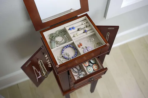 Vista 4 de Hives and Honey Meg Jewelry Armoire - Moderno organizador de almacenamiento de madera con ganchos para collares, 5 cajones y espejo de tocador, nogal