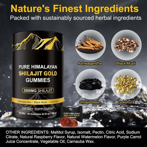 Vista 4 de Gomitas Shilajit, 3000 mg de oro Shilajit del Himalaya con Ashwagandha, musli negro, gokshura para hombres y mujeres, sin OMG y gelatina, 60