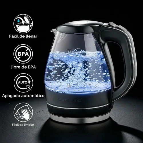 Vista 3 de OVENTE Hervidor eléctrico de 1.5L, calentador de agua de vidrio de borosilicato para encimera y hervidor para café o té, libre de BPA, apagado Negro