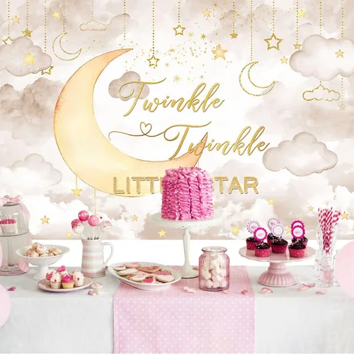 Vista 2 de Mocsicka Twinkle Twinkle Little Star - Telón de fondo para baby shower, nube rosa, luna, decoración de baby shower, fondo de revelación de género