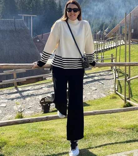 Vista 4 de ELLENWELL Casual Sweater Sets Women 2 piece Outfits Long Sleeve Striped Pullover Top Wide Leg Pants Matching Lounge Sets