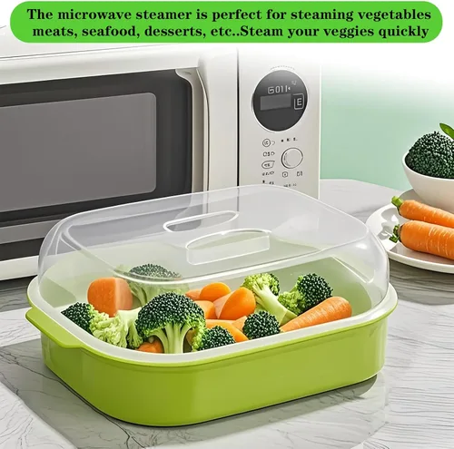 Vista 6 de Vaporizador de microondas para verduras, vaporizador de verduras de plástico con tapa para preparación de verduras, mariscos, pescado, cocina