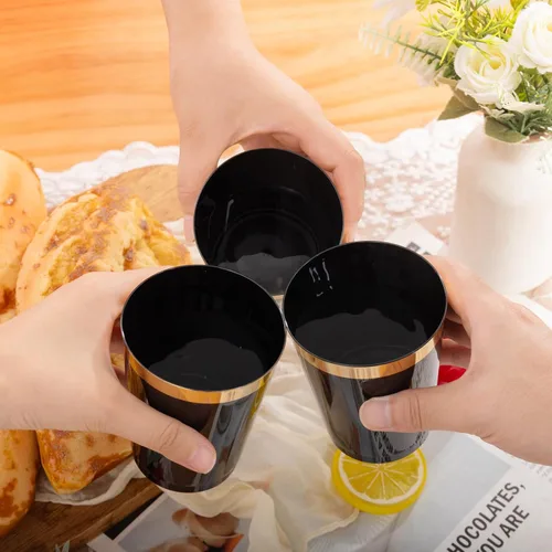Vista 5 de supernal Paquete de 100 vasos de plástico negros y dorados, vasos 100 tazas negras y doradas de 10 onzas